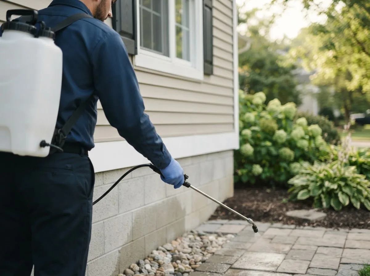 Pest control technician inspecting a home in Saint Jacob, IL